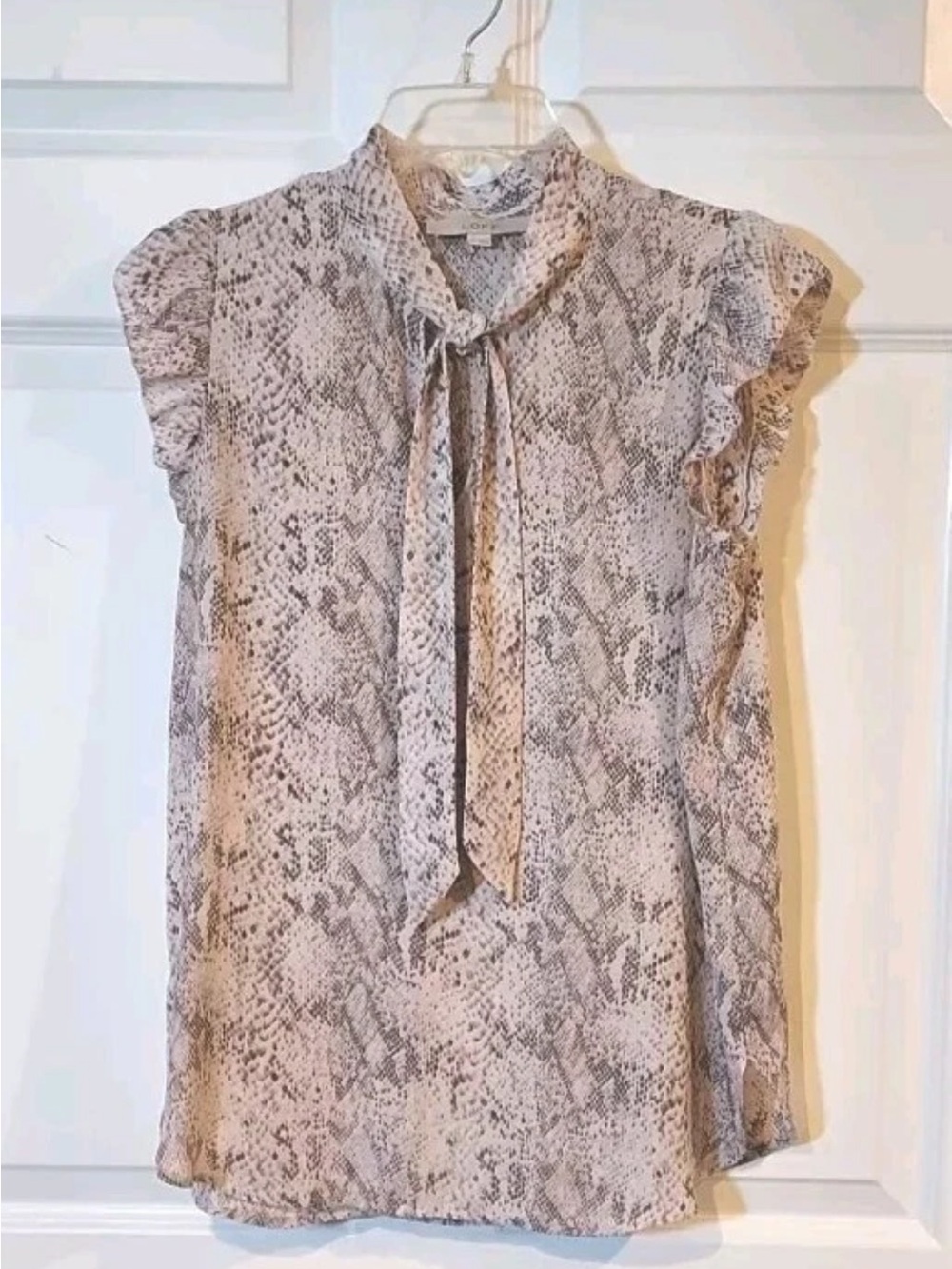 LOFT Neutral Snake-Print Tie-Neck Ruffle Sleeve Blouse